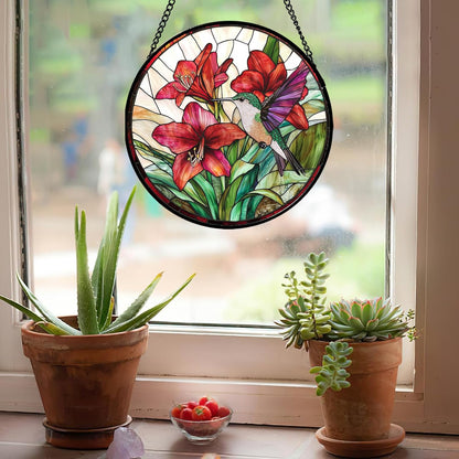Stained Glass Window Hanging - Hummingbird On Red Lily Flower Sun Catcher for Door Garden Decor Suncatcher Christmas Mother's Day Birthday Gifts for Bird Lovers Women Men Mom Nana 6.3 in