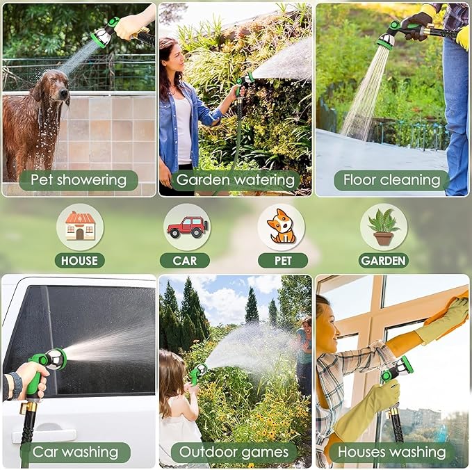 Non-Expandable Garden Hose 100 ft, Ultra Lightweight Flexible Water Hose with 10-Pattern Nozzle, Leak-Proof, High-Density Fabric, Thickened Connector, Shut-Off Valve for Yard, Lawn, Outdoor