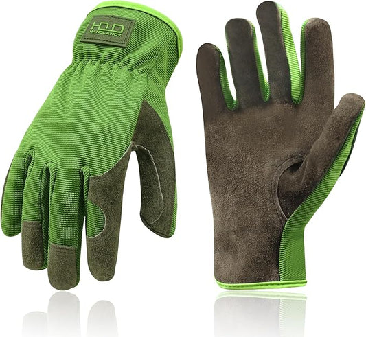 HANDLANDY Men Leather Gardening Gloves, Utility Work Gloves for Mechanics, Construction, Driver