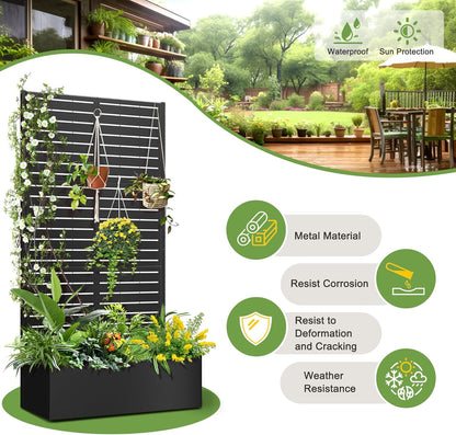FENCY Metal Raised Garden Bed with Trellis, Metal Planter Box with Trellis, Garden Box for Climbing Plants Vegetable, 35" Lx16 Wx71 H Garden Bed with Drainage Holes(Black-Louvered)