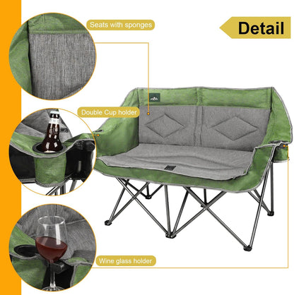 Northroad Folding Loveseat Camping Chair Portable Double Duo Full Padded Garden Chair for 2 Person Sofa w/ 2 Cup Holder,Wine Glass Holder,Mesh Storage,Support 600lbs for Picnic Beach Travel (Green)