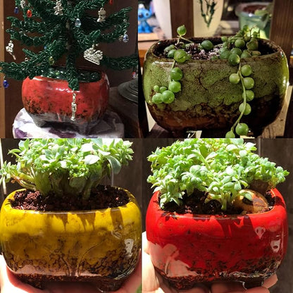 ARTKETTY Succulent Pots - 4.7 Inch Ceramic Succulent Planters Pots with Drainage Set of 5, Rectangular Bonsai Pots with Bamboo Trays Small Pots for Indoor Cactus Flower Plants for Home Office Decor