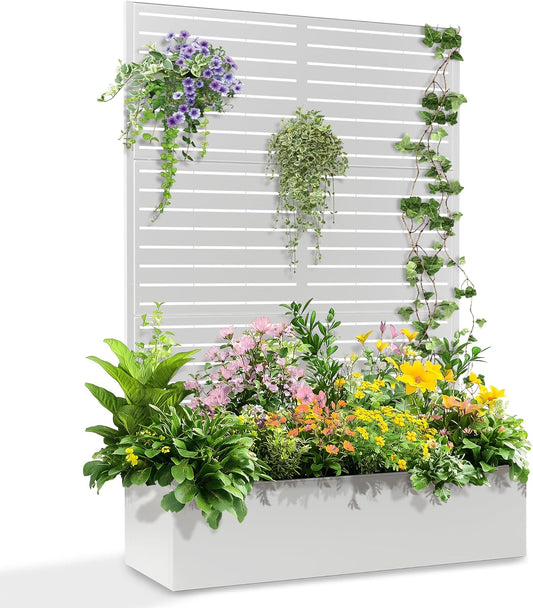71"x47"x16" Metal Planter Box with Trellis, Raised Garden Bed with Trellis, Trellis with Planter Box & Privacy Screen for Climbing Plants, Vegetable, Vines(White, Louvered)