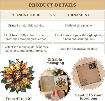 Golden Sunflower Acrylic Suncatcher Stained Glass Effect Window Car Hanging Christmas Ornament Indoor Outdoor Decor Garden Sun Catcher Panel for Sunflower Lover for Women Mom Grandma