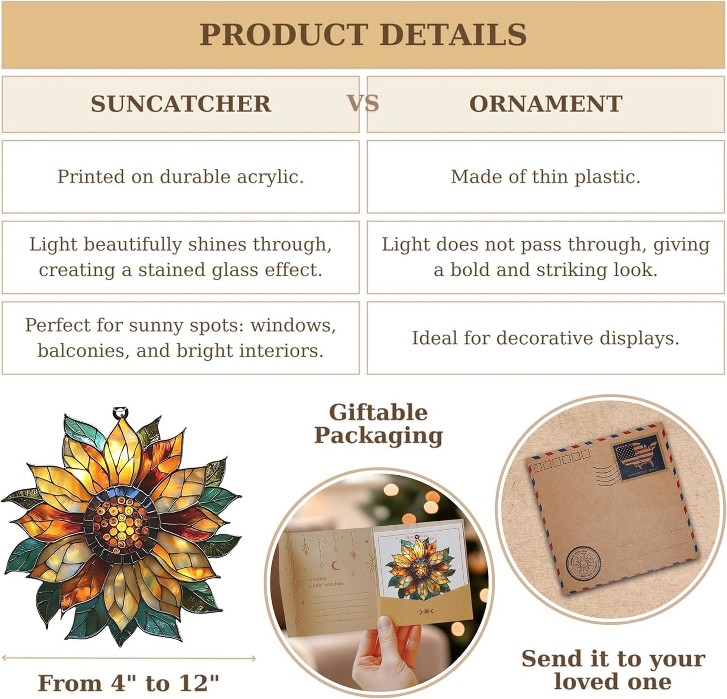 Golden Sunflower Acrylic Suncatcher Stained Glass Effect Window Car Hanging Christmas Ornament Indoor Outdoor Decor Garden Sun Catcher Panel for Sunflower Lover for Women Mom Grandma