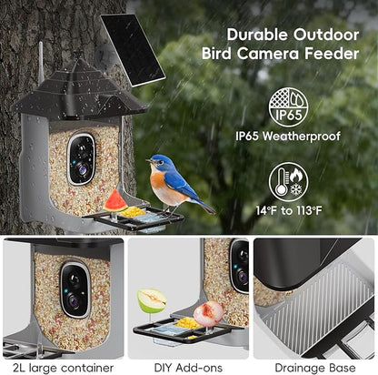 Smart Bird Feeder with Camera, Solar Panel & 5200mAh Battery, 4K HD Video, AI Identification, Instant Arrival Alerts & Alarm, IP65 Weatherproof, 32GB Card, 2L Capacity, Bird Lover’s Smart Companion