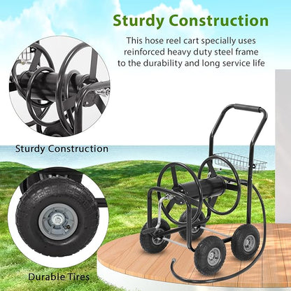 Garden Water Hose Reel Cart Tools with Wheels Garden Lawn Water Truck Water Planting Cart Heavy Duty Outdoor Yard Water Planting Holds 300-Feet of 5/8-Inch Hose with Storage Basket (Black)