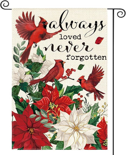 AVOIN colorlife Always Loved Never Forgotten Memorial Garden Flag 12x18 Inch Double Sided Outside, Cardinal Christmas Poinsettia Yard Outdoor Decorative Flag