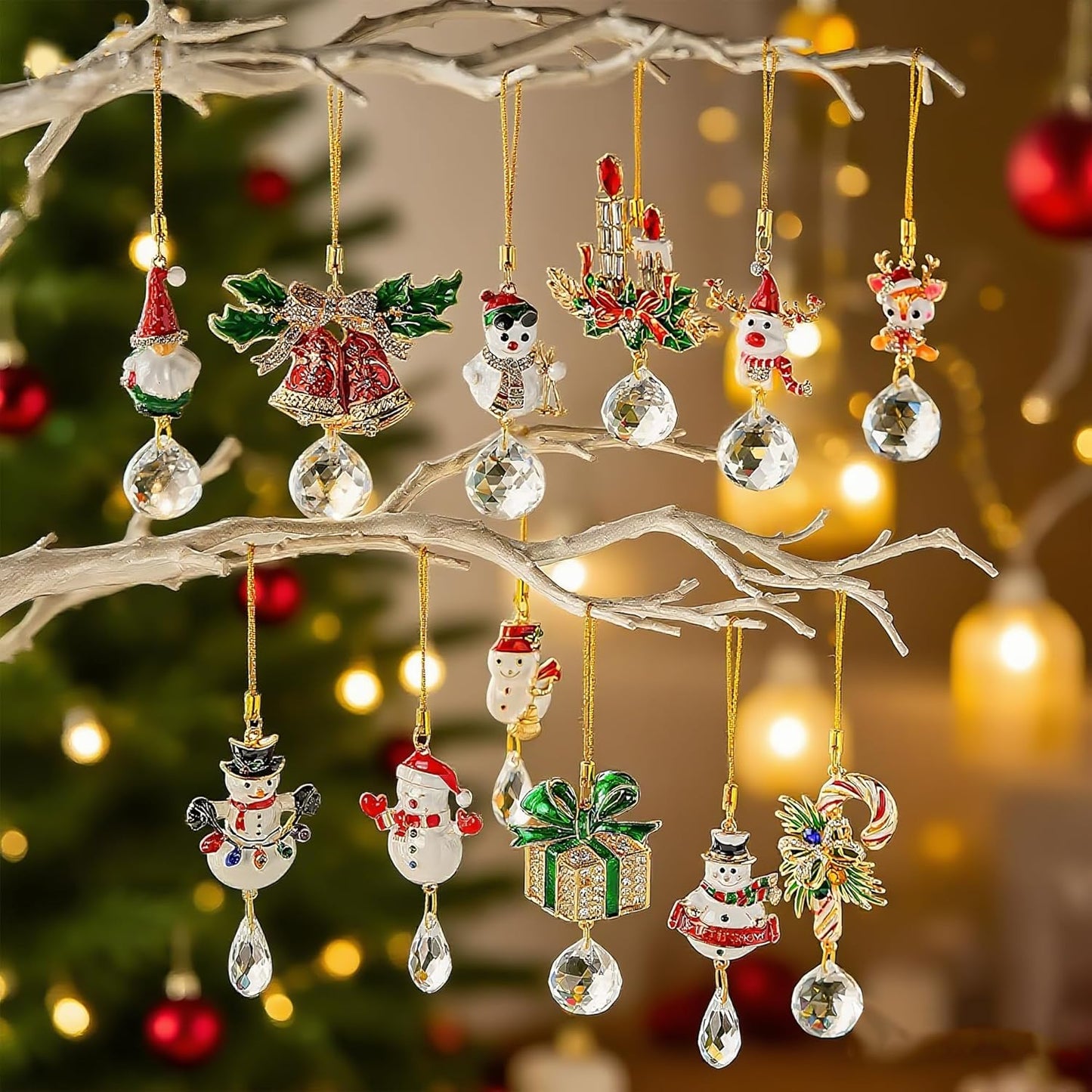 H&D HYALINE & DORA Christmas Suncatchers Set Christmas Elk Gnome Snowman Hanging Crystals Pendant for Xmas Tree Home Decor(4 Pack)