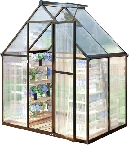 CQZY 6x4 FT Greenhouse for Outdoors, Polycarbonate Greenhouse with Quick Setup Structure and Roof Vent, Aluminum Large Walk-in Green House for Outside Garden Backyard, Dark Gray