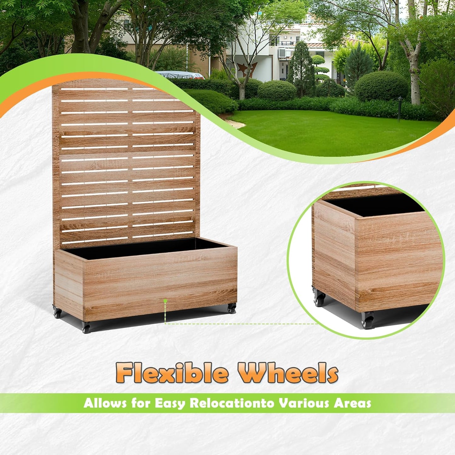 Metal Raised Garden Bed with Trellis, 2-in-1 Planter Box & Privacy Screen for Climbing Plants, Outdoor Standing Flower Bed with Drainage Holes, 35.4" L x 15.7" W x 70.1" H, Cut Oak Grain