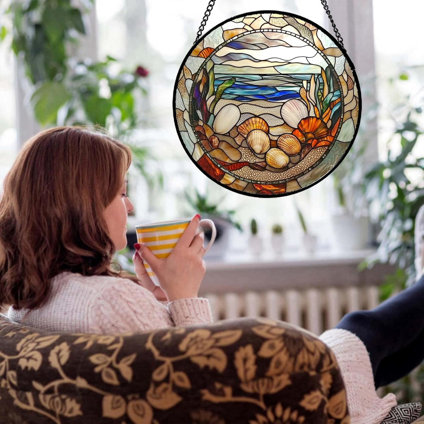 Stained Glass Window Hanging Conch Shells Ocean Seaweed 6.3" - Suncatcher Door Garden Sunroom Sun Catcher Home Decor Housewarming Birthday for Mom Grandma Men Woman