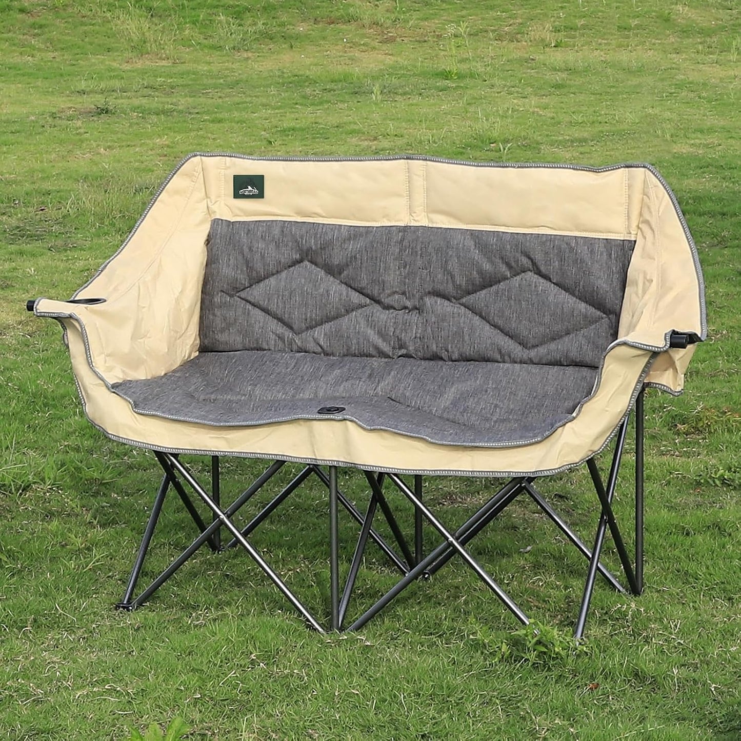 Northroad Folding Loveseat Camping Chair Portable Double Duo Full Padded Garden Chair for 2 Person Sofa w/ 2 Cup Holder,Wine Glass Holder,Mesh Storage,Support 600lbs for Picnic Beach Travel (Beige)
