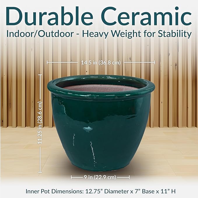 Sunnydaze Large Ceramic Plant Pot - Round Outdoor Glazed Ceramic Planter Pot with Drainage - Chalet -Dark Green - 14.5"