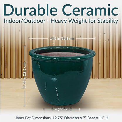 Sunnydaze Large Ceramic Plant Pot - Round Outdoor Glazed Ceramic Planter Pot with Drainage - Chalet -Dark Green - 14.5"