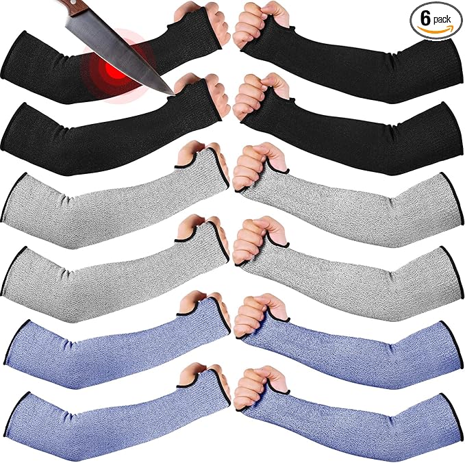 JaGely 6 Pairs Level 5 Cut Resistant Sleeves with Thumb Hole 18 Inches Arm Protection Sleeve Farmer Gardening (Black,Gray,Blue)