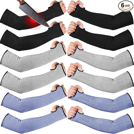JaGely 6 Pairs Level 5 Cut Resistant Sleeves with Thumb Hole 18 Inches Arm Protection Sleeve Farmer Gardening (Black,Gray,Blue)