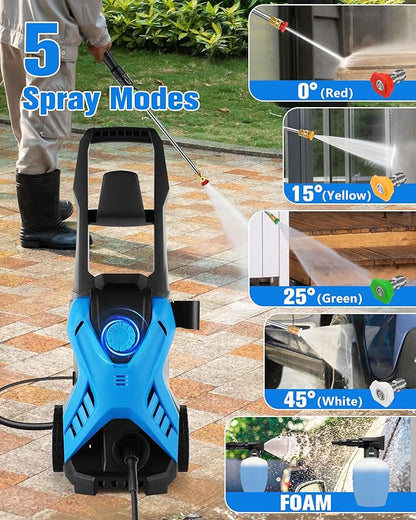 5000 PSI 2.8 GPM Pressure Cleaner High Power Cleaner Adjustable Pressure 2500PSI-5000PSI with 33FT Extension Hose Reel, 4 Nozzles and Soap Bottle for Cars/Fences/Driveways (Blue, No Hose)