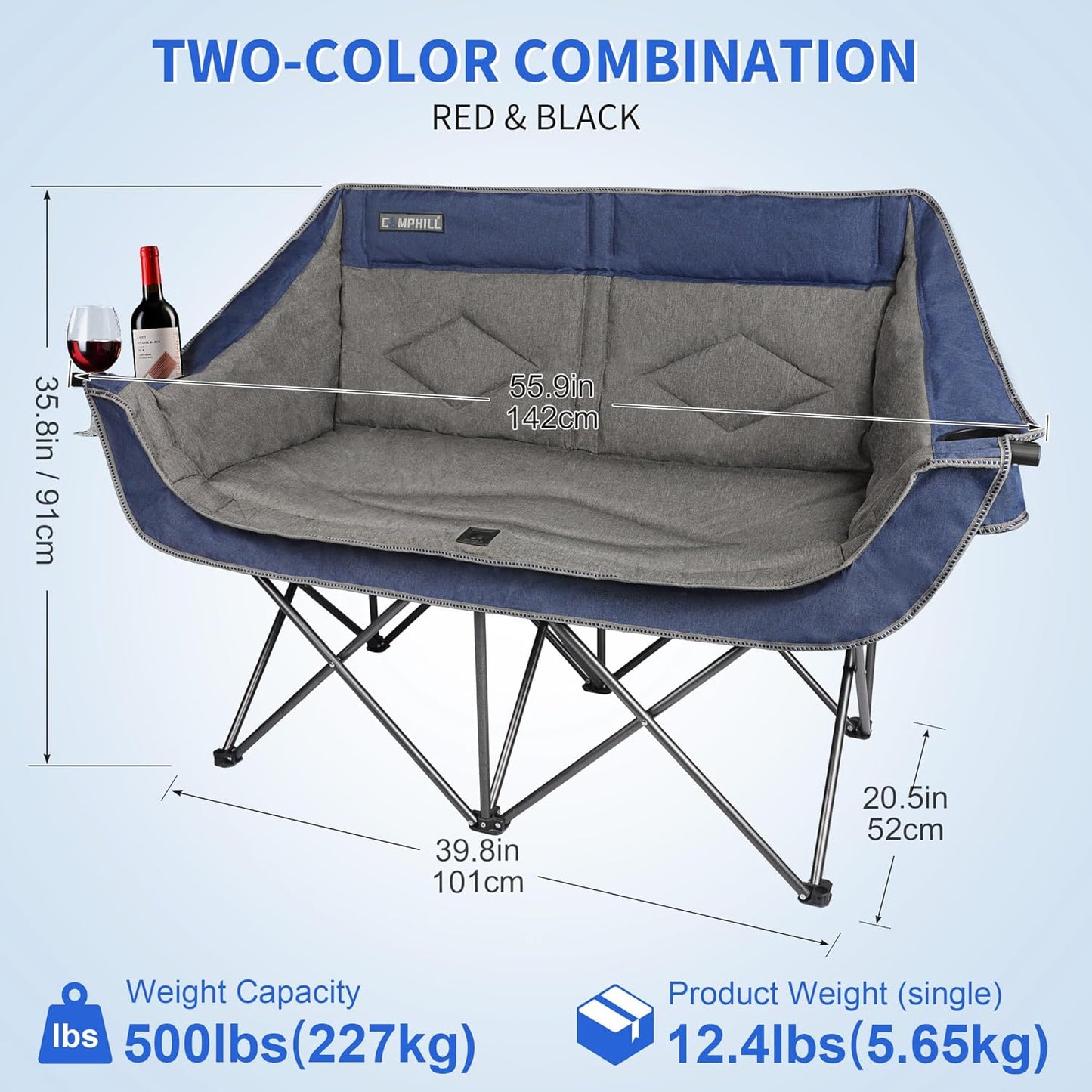 Oversized Double Camping Chair-Heavy Duty 2 Person Folding Loveseat Camp Couch for Adults,Portable Outdoor Lawn Chairs with Padded Seat for Fishing,Sports and Patio,Supports 500 LBS,Blue