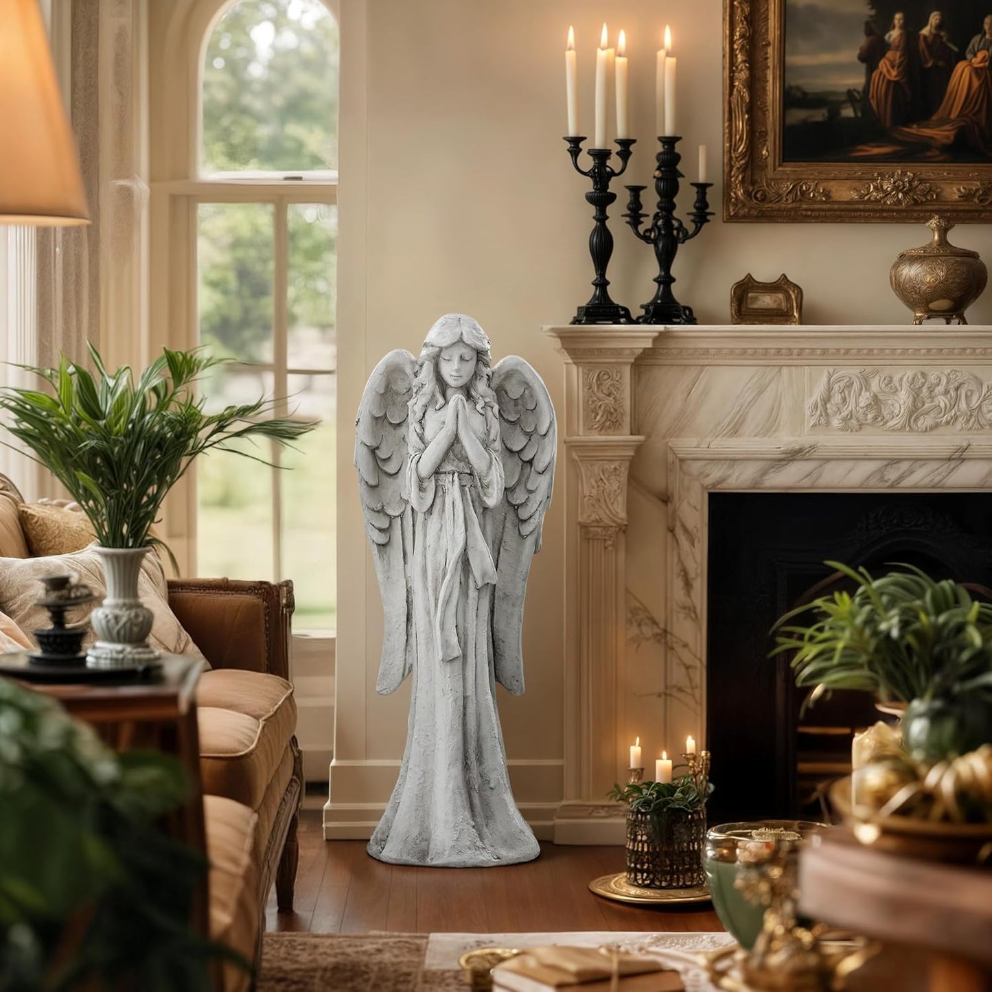 Praying Angel Statue for Outdoor Garden, 31 Inch Large Heavenly Memorial Sculpture,Durable Magnesium Oxide Stone for Yard, Patio or Cemetery Decor,Offering Comfort & Peace, Antique White