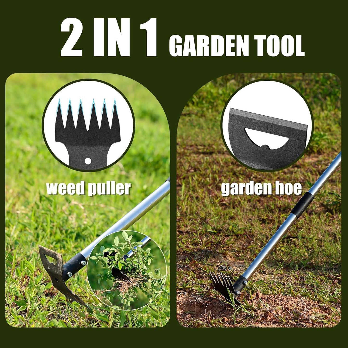 RONSUNG Weed Puller Tool with 57" Long Handle – 2-in-1 Stand Up Weeder & Garden Hoe with Heavy-Duty Steel Head, Manual Hand Uprooting Weeding Pull for Lawn, Yard & Lawn, Bonus Gloves Included