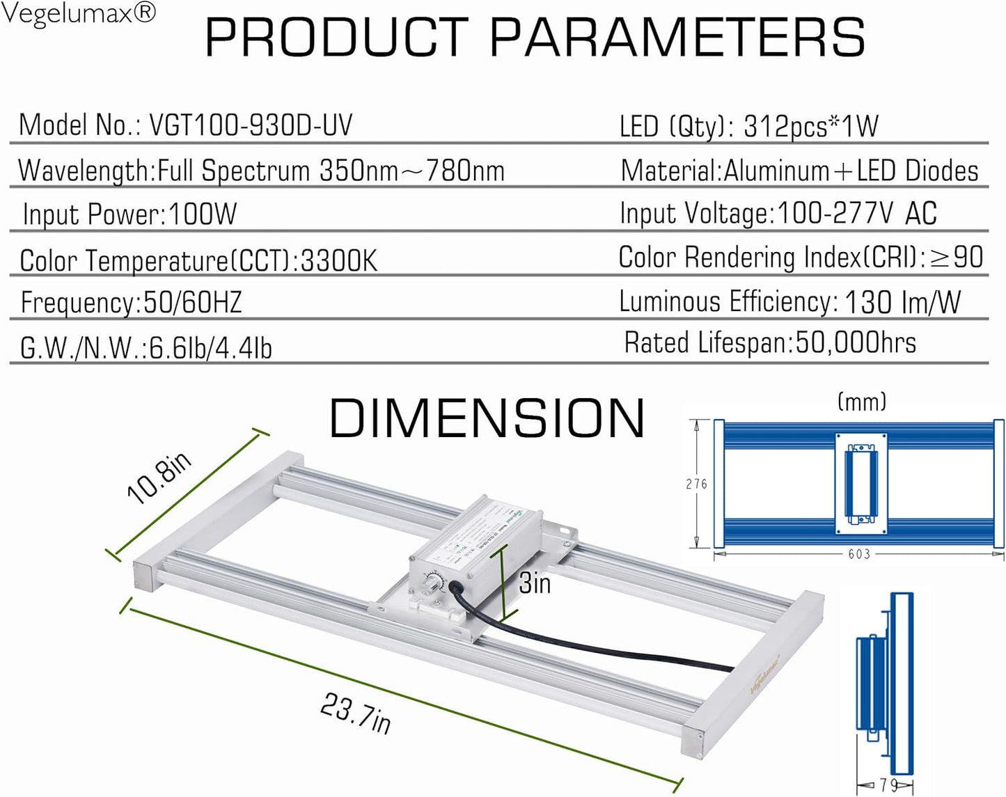 100W LED Grow Light Bar,UV IR Diodes Included,Sunlike Full Spectrum Growing Lamp for Horticulture Indoor Plant Growth Veg Flowering Fruiting,3300K,Aluminum Heat Sink,Power Dimmable