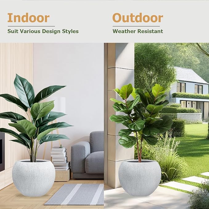 9.7" H x 12" D Globo Fiberstone Round Planter with Drainage Hole, Weather Resistant, Ribbed Finish, Planters for Indoor Plants & Outdoor, Extra Coco Mats (Speckled White, 7.8" Pot Opening)