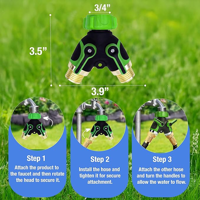 Premium 3/4" Heavy Duty 2 Way Hose Splitter Leakproof Full Metal Body Faucet Spigot Splitter Easy Long Handles with Extra Fittings and Teflon