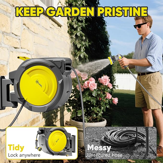 SILVEL Retractable Garden Hose Reel – 5/8 in x 110FT Heavy Duty Automatic Hose Reel Wall Mounted, UV Resistant with 10 Pattern Nozzle, Any Length Lock & Slow Return System, 180°Swivel Bracket, Yellow