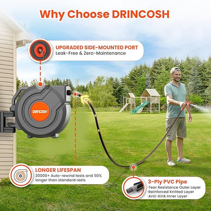 3rd Generation Retractable Garden Hose 130 ft x 1/2 inch Heavy Duty Wall-Mounted Hose Reels for Outside 180° Swivel Automatic Slow Return Any Length Lock 9 Pattern Nozzle UV Resistant (Black)