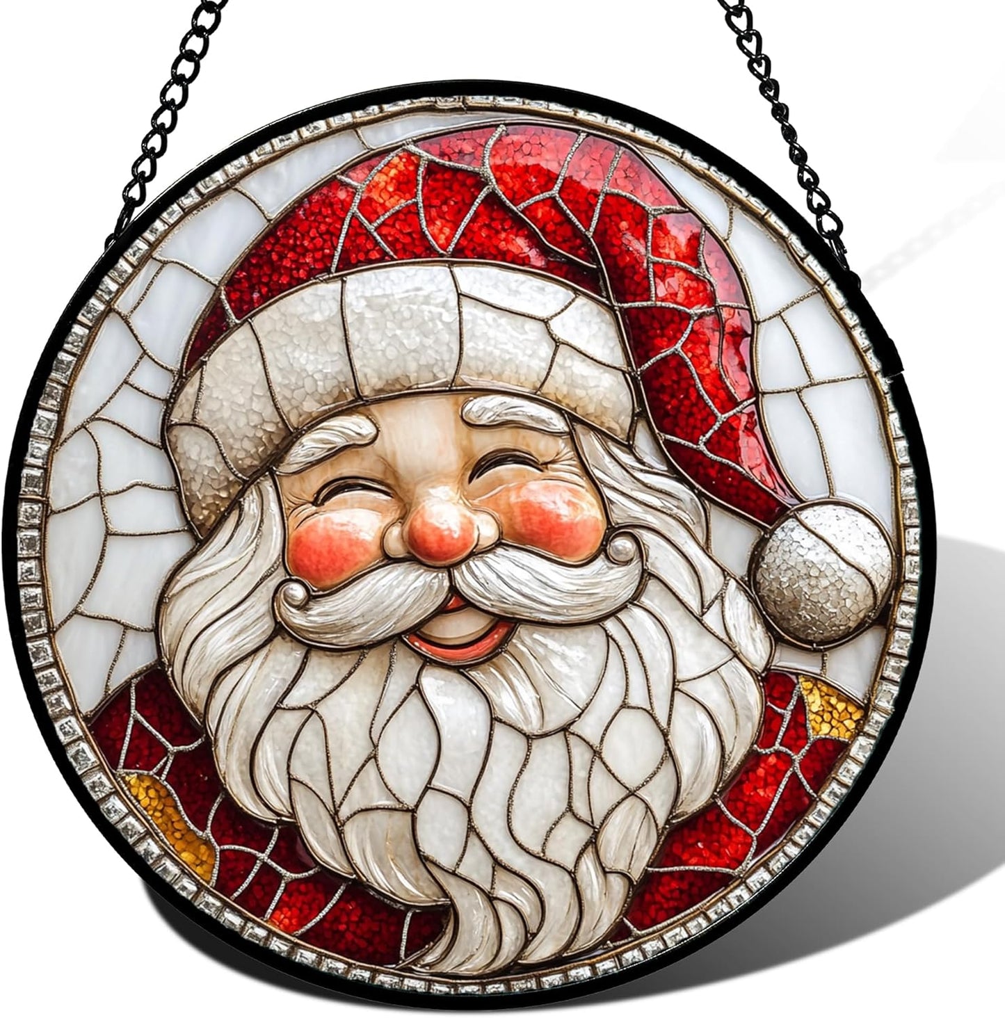 Stained Glass Window Hanging - Red White Santa Claus Suncatcher for Doors Home Christmas Decoration Winter Sun Catcher Thanksgiving New Year Birthday Gifts for Women Men Mom Nana Girl 6.3 in