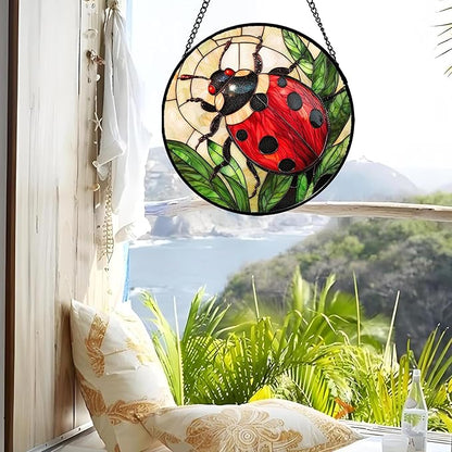 Stained Glass Window Hanging - Red Seven-Spotted Ladybug Sun Catcher for Door Home Decor Insect Suncatcher Christmas Mother's Day Birthday Gifts for Women Men Mom Nana 15 in