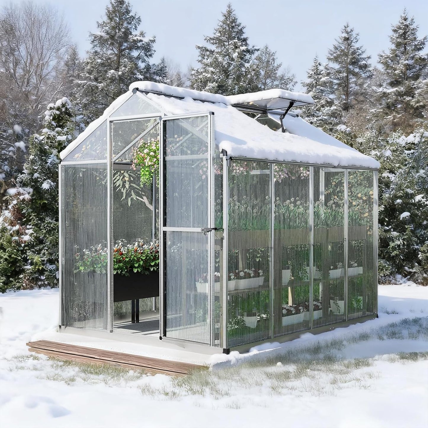 Aoodor 6 x 8 Ft Walk-in Greenhouse with Gutter, Polycarbonate and Heavy-Duty Aluminum Frame, Adjustment Skylight and Lockable 2-Sided Door for Patio, Outdoor, Yard, Lawn Use, Silver