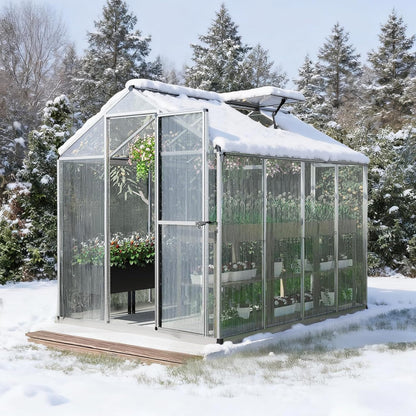 Aoodor 6 x 8 Ft Walk-in Greenhouse with Gutter, Polycarbonate and Heavy-Duty Aluminum Frame, Adjustment Skylight and Lockable 2-Sided Door for Patio, Outdoor, Yard, Lawn Use, Silver