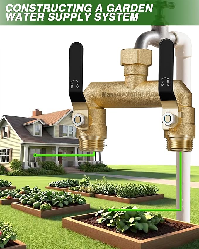 Hose Splitter 2 Way Heavy Duty, Full Flow Garden Hose Splitter with 2 Long Metal Handles, Brass Rust and Freeze Resistant Water Hose Bib Splitter, T Adapter Connector with 3/4 - Inch GHT Thread（Black）