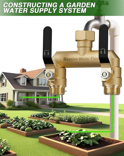 Hose Splitter 2 Way Heavy Duty, Full Flow Garden Hose Splitter with 2 Long Metal Handles, Brass Rust and Freeze Resistant Water Hose Bib Splitter, T Adapter Connector with 3/4 - Inch GHT Thread（Black）