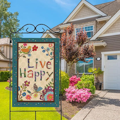 Hzppyz Live Happy Decorative Large House Flag Flower Bird, Spring Summer Inspirational Quote Garden Yard Outdoor Butterfly Decor Double Sided, Fall Positive Farmhouse Outside Burlap Decoration 28 x 40
