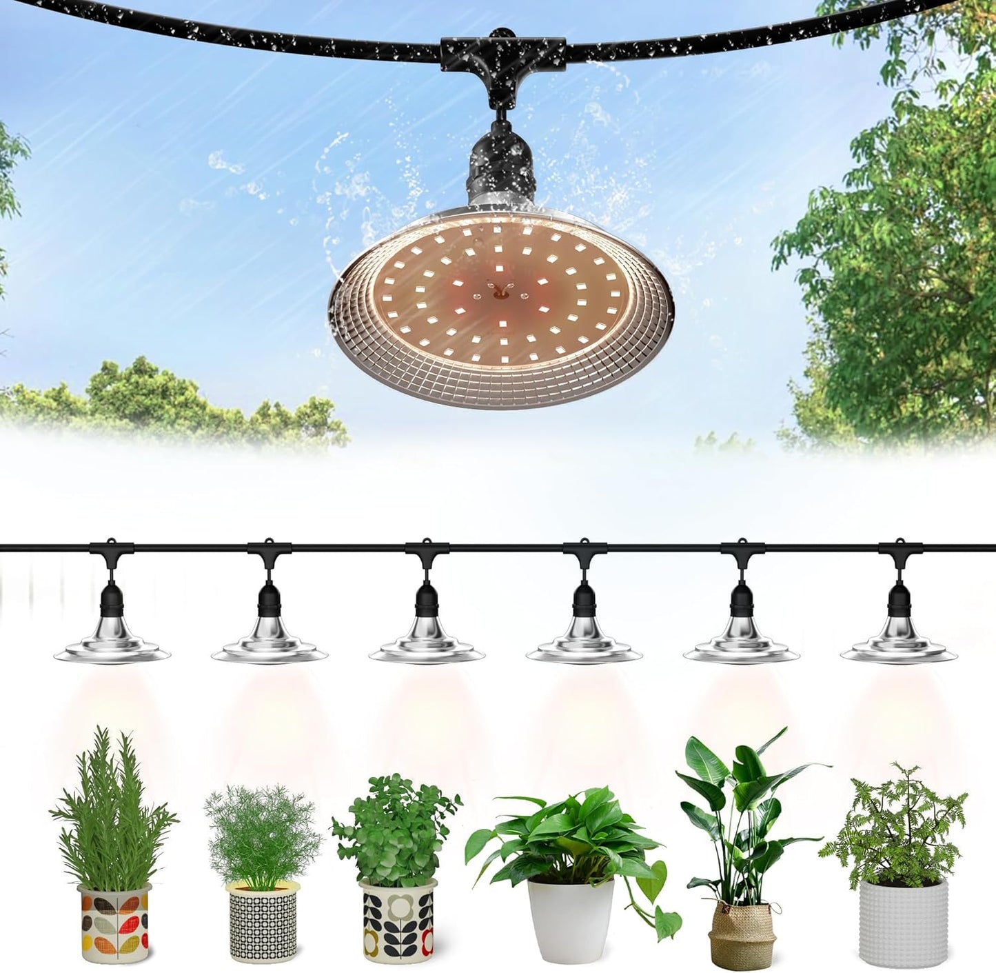 6-Light Outdoor LED Grow Lights – Waterproof Full Spectrum Greenhouse Lights for Plants, 21.3FT Adjustable String Lights with 288 LEDs E26 Base Bulbs, IP44 Waterproof for Garden, Farm, Yard