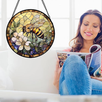 Stained Glass Window Hanging, Vintage Bee Yellow Flower Sun Catcher for Window Door Home Decor Suncatcher Christmas Mother's Day Birthday Gifts for Women Men Mom and Nana 15 in