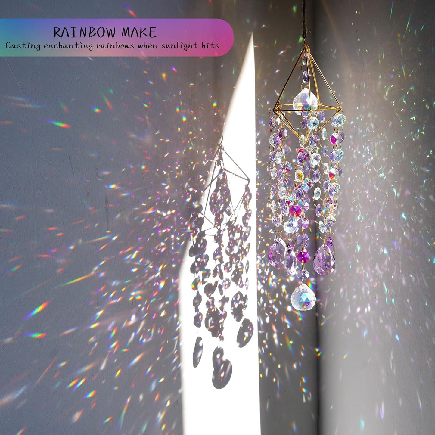 HDCRYSTALGIFTS Sun Catcher, Crystal Prisms Suncatcher for Window Hanging, Rainbow Maker Crystal Sun Catcher Indoor Window Glass Wind Chimes Home Garden Decor Gift, Purple