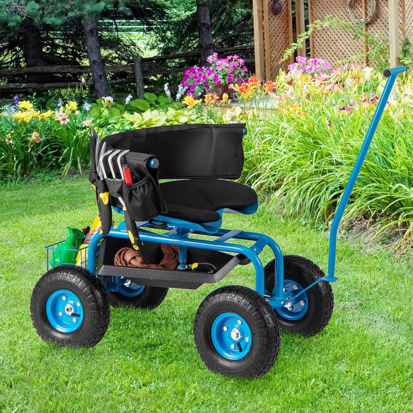 Goplus Rolling Garden Seat with Wheels, Outdoor Garden Cart with 360° Swivel Seat & Tool Storage, 2 Steering Handles, Gardening Stool Wagon Scooter, Lawn, Patio Gardening Workseat for Seniors