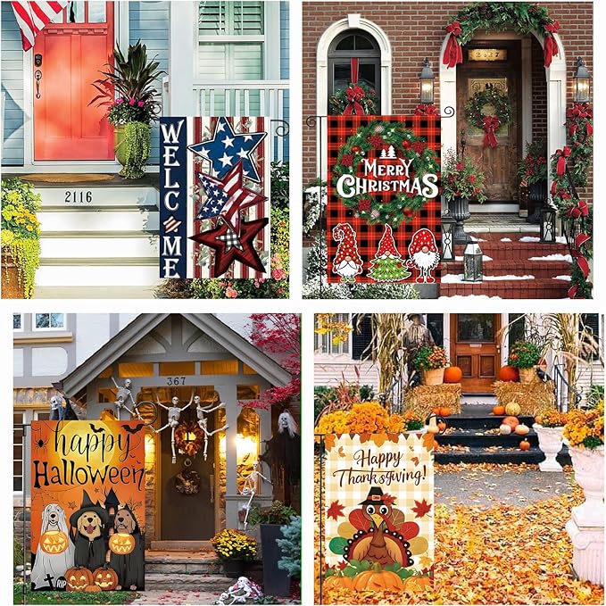 Seasonal Garden Flags Set of 12 Double Sided 12 x 18 Inch, Small Yard Flags for Outside, Summer Fall Garden Flag, Christmas Halloween Winter Outdoor Flag, Holiday Garden Decorations for All Season