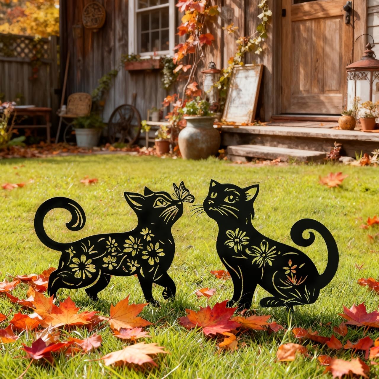 Metal Cat Garden Decor for Outside (2 Pack), 14 Inch Yard Art Stakes,Cat Gifts for Kitty Lovers, Outdoor Lawn Statues and Weather Resistant Yard Art