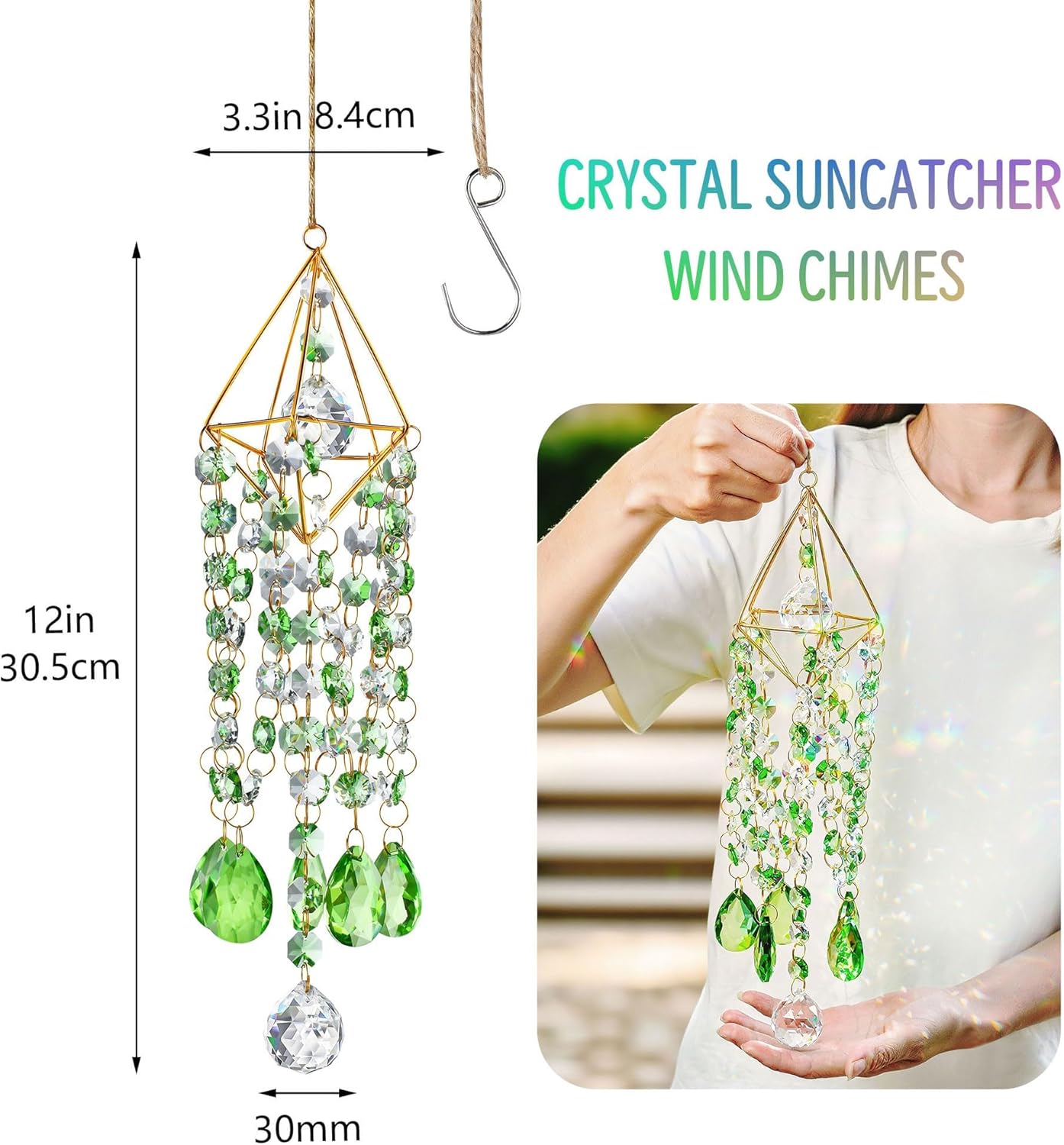 HDCRYSTALGIFTS Crystal Suncatcher, Crystal Sun Catcher Indoor Window Rainbow Prisms Suncatcher for Window Hanging Glass Wind Chimes Home Garden Decor (Green)