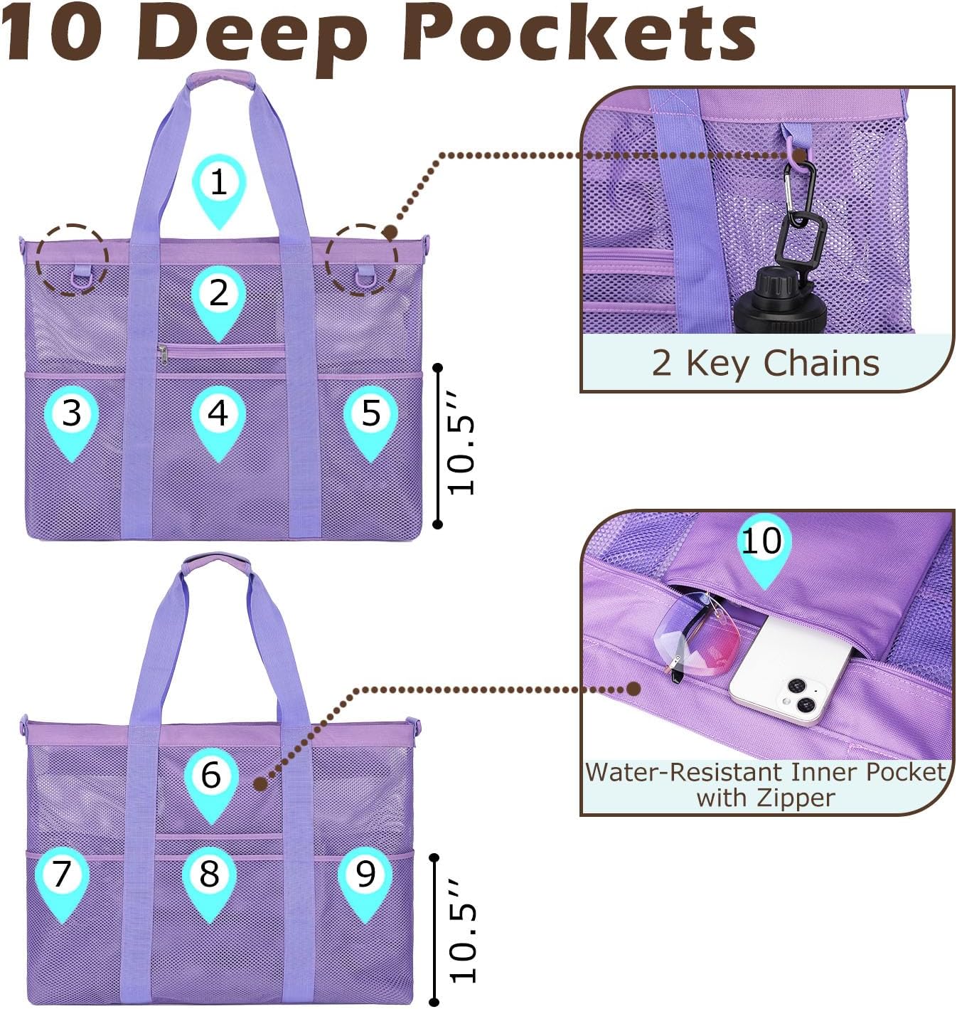 Mesh Beach Bag, Large Beach Tote with Zipper Pocket for Family Pool Bag for Toys & Vacation Essentials