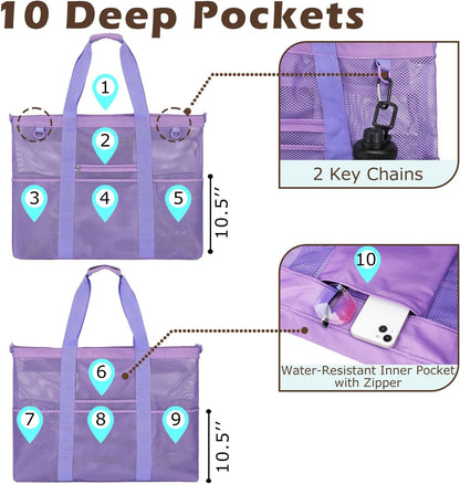 Mesh Beach Bag, Large Beach Tote with Zipper Pocket for Family Pool Bag for Toys & Vacation Essentials