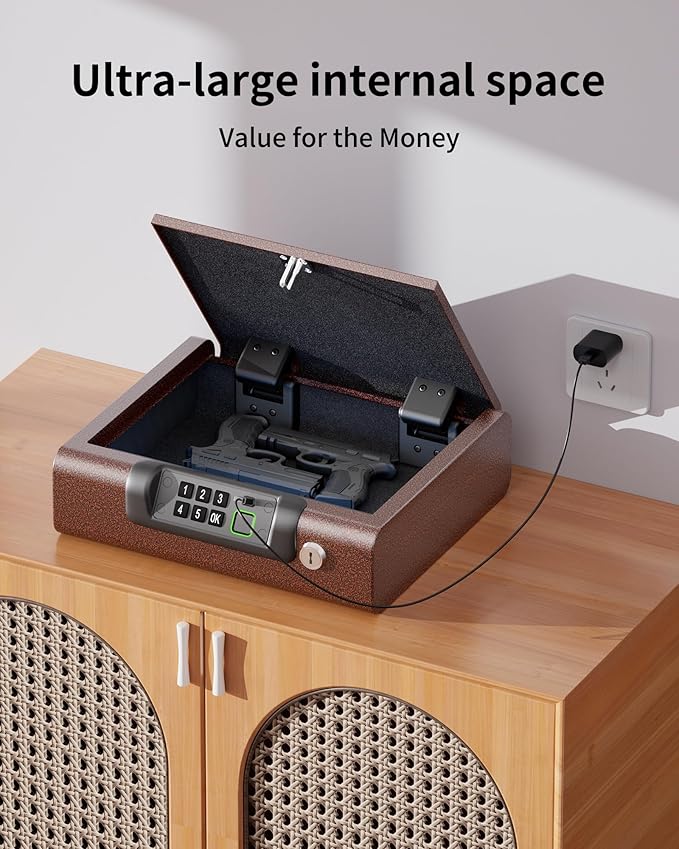 Gun Safe,Biometric Gun Safe for Pistols 3-Ways unlock Fingerprint Digital PIN Key Unlock with Voice, Lock box for Cloakroom living room Bedroom Nightstand and Car BILLCONCH - Antique Bronze