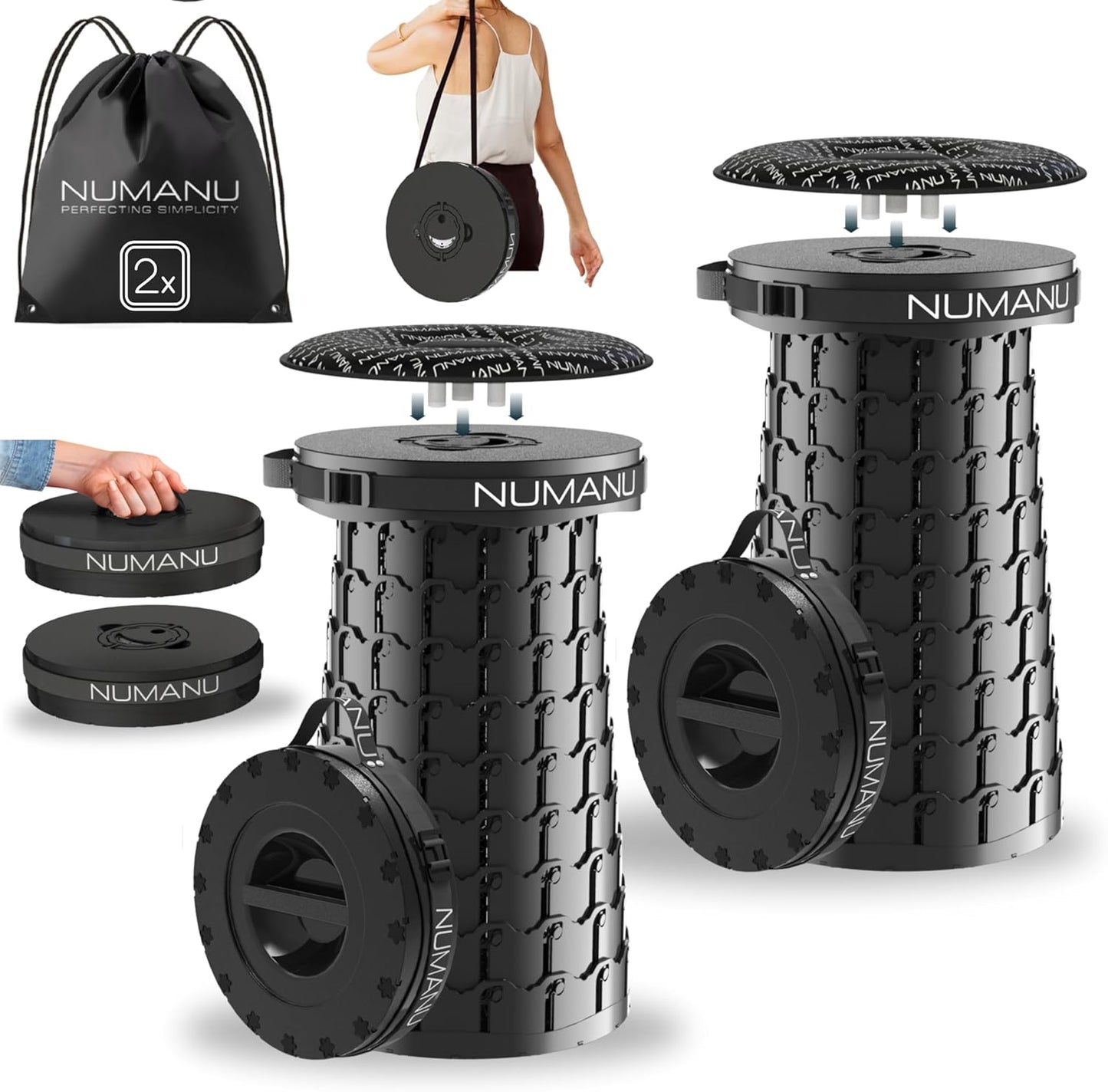 NUMANU 2025 Upgraded XXL Collapsible Stool with Cushion & Carry Bag, 2.7"-19.7", Max 1000lbs Foldable Telescoping Camping Stool Portable Seat or Travel Footrest (2Pack: 2X Stool, 2X Cushion, 2X Bag)