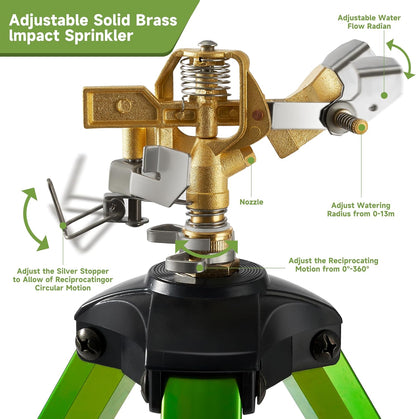 Impact Sprinklers on Tripod Base with Ground Plugs,Heavy Duty Brass Head Sprinkler with 360 Degree Spray,0-44ft Large Area Irrigation,Tripod Sprinkler with Extension Legs for Yard Garden Lawn,2 Pack