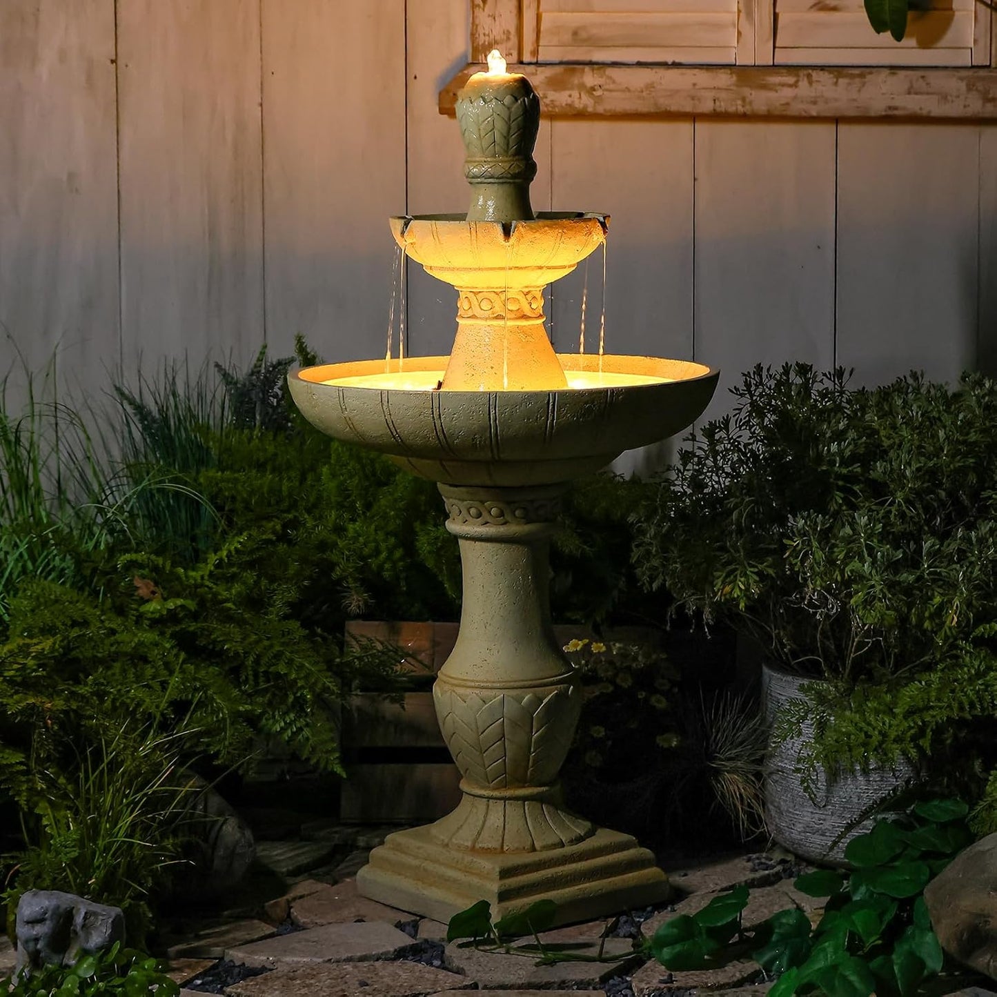 3-Tier Outdoor Water Fountain with LED Lights, 45.5" Italian Resin Garden Fountain for Patio, Yard, and Porch – Weather-Resistant Cascading Waterfall Feature with Quiet Pump, Elegant Backyard Décor